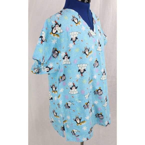 Allheart Women's M Blue Winter Penguin Snow Print Scrub Top VTG  Shirt Pockets - Picture 5 of 9